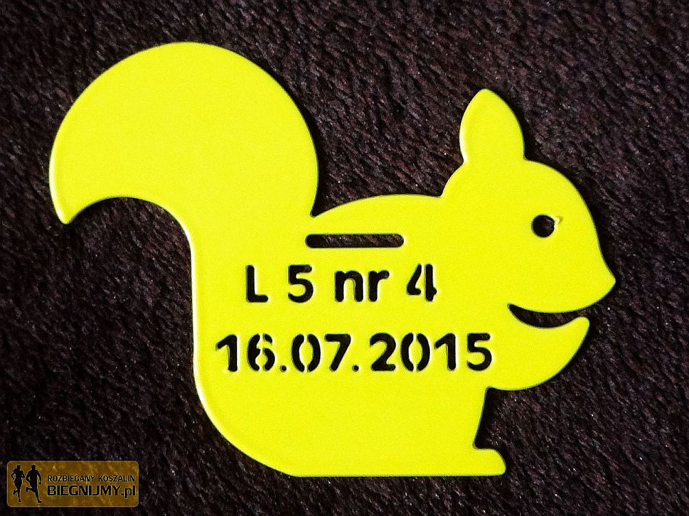 Medale dla dzieci - żółte wiewiórki na mecie biegu Leśna Piątka 2015 #4/6